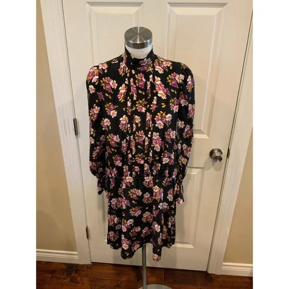 Zadig & Voltaire Rabbi Peonies Black Pleated Floral High Neck Mini Dress, Size S